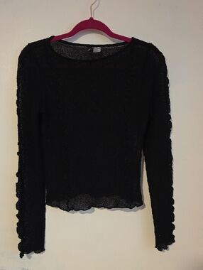 Divided Black Sheer Ruffle-Trim Long Sleeve Top